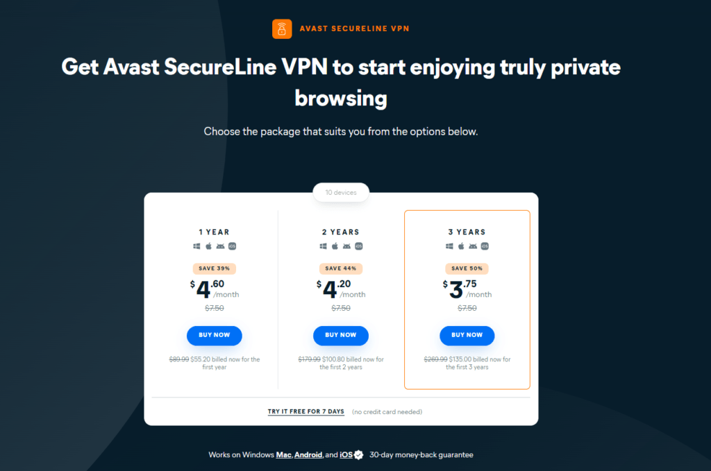 Precios de VPN de Avast Secureline