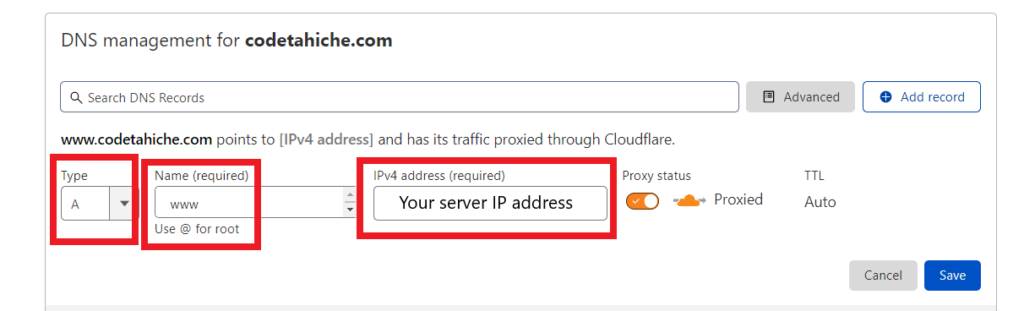 Cloudflare - Registrar DNS tipo A