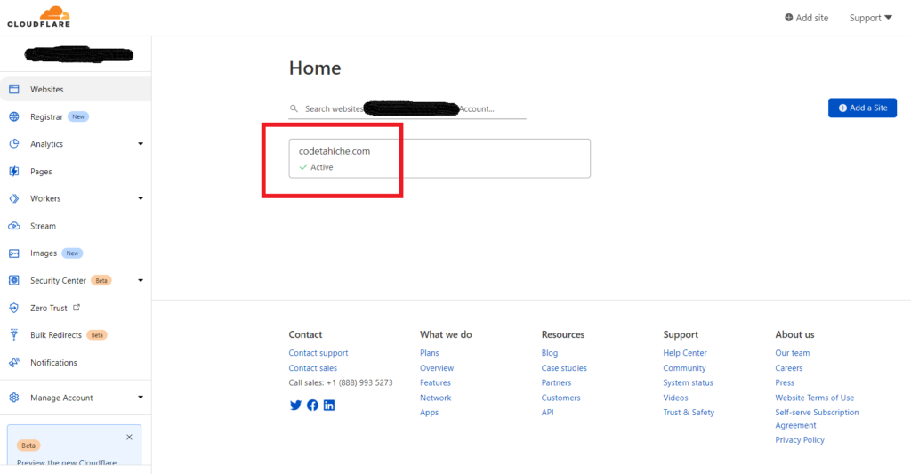 Cloudflare-account Selecteer website