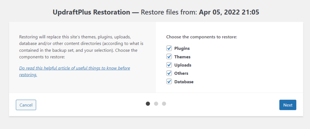 UpdraftPlus - Plugin WordPress - Restauration d'une sauvegarde 2