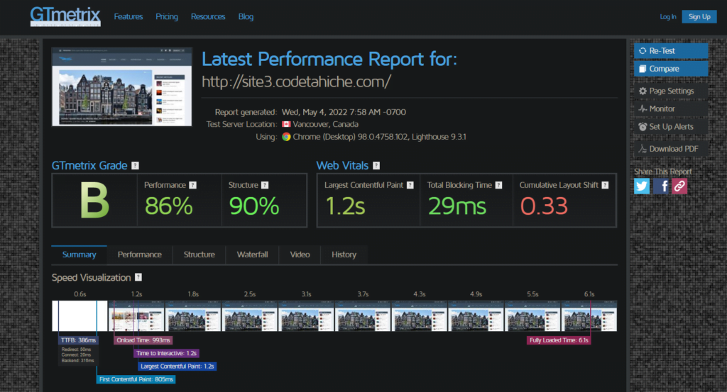 Performances du site internet juste après installation du plugin WP Rocket