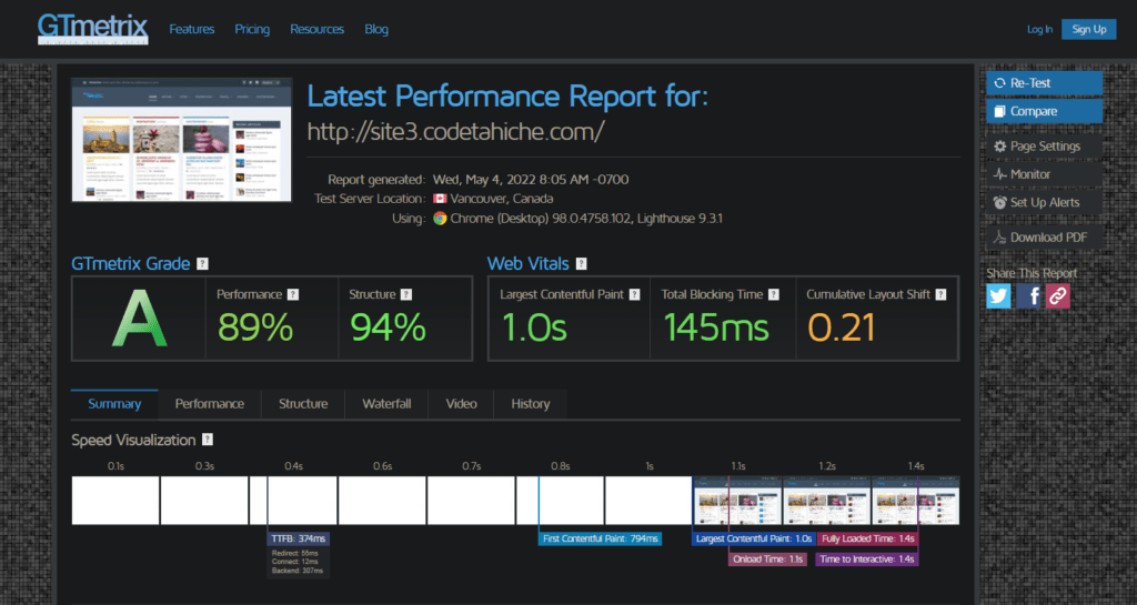 Performances du site internet après optimisation des fichiers - plugin WP Rocket