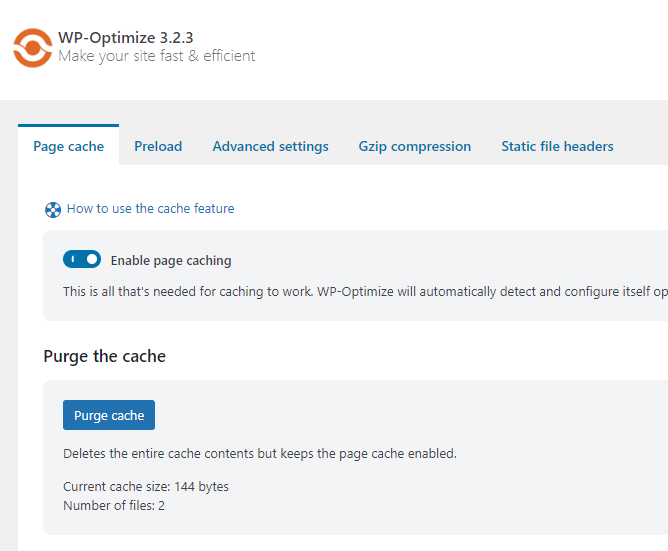 Plugin WP Optimize - Seiten-Caching und Vorladen