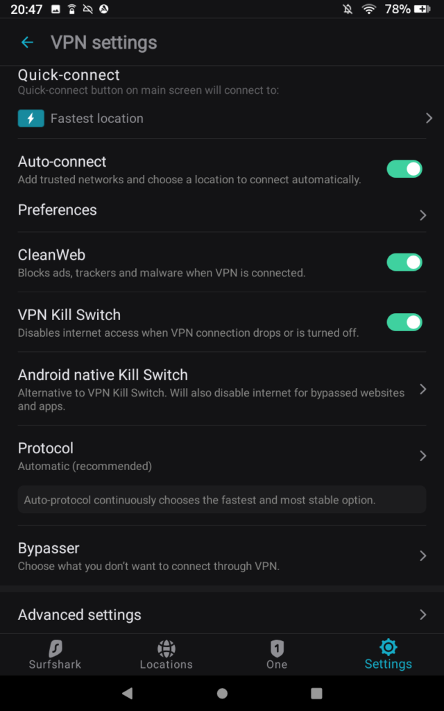 Surfshark VPN - seçenekler