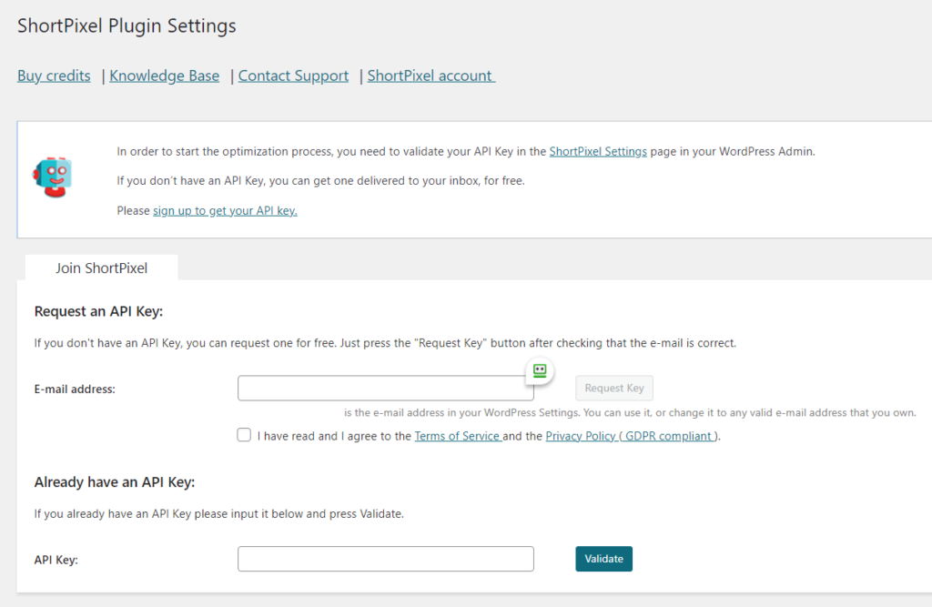 Installing the ShortPixel WordPress Plugin - Email account and API key