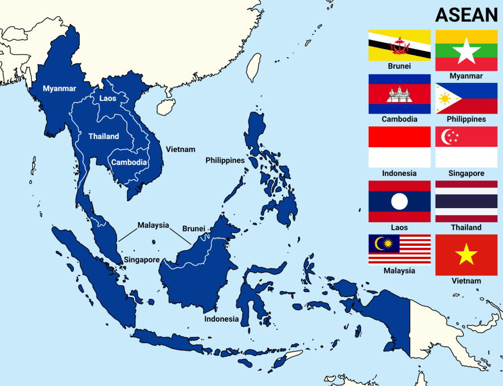 Map and flag of ASEAN countries